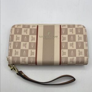 London Fog Beige Brown Wallet Zip Around Accordion Wristlet Logo Monogram